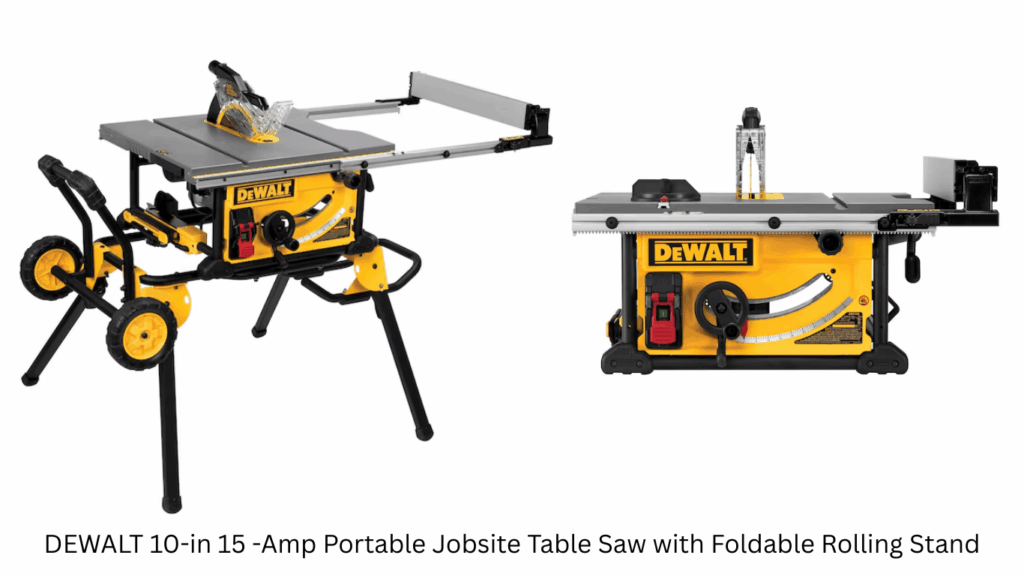 best contractor table saws, shown a dewalt 10 inch table saw with a stand. Text describes the tablesaw.