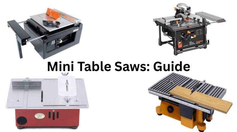 Mini Table Saw Guide; several examples of mini table saws shown. Text reads: Mini Table Saws: Guide.